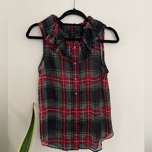 J Crew Sleeveless Ruffle Collar Sheer Top, Plaid (Black Stewart Tartan)